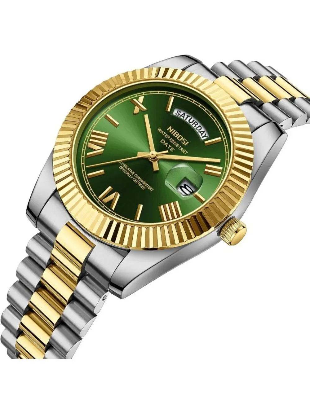 Nibosi Men's Silver Gold Analog Quartz Green Face Waterproof Desiger Wrist Watch